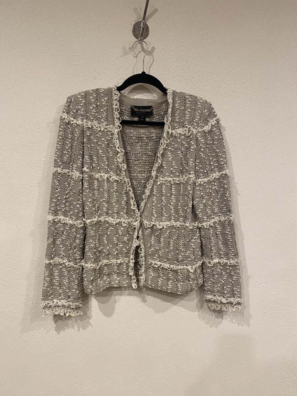 St. John Couture Cardigan Sweater Womens 10 Beige Boucle Fringe Pearl Button